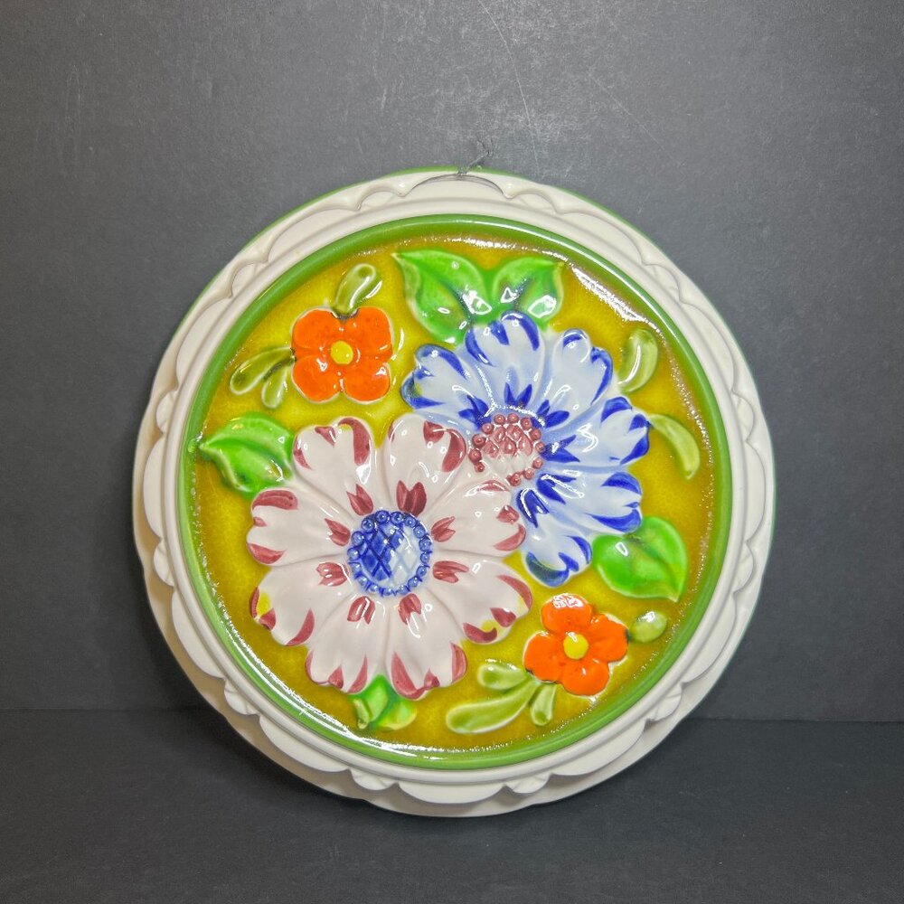 Vintage MCM 1970s Hand Painted Ceramic Mold Floral Hanging Kitchen Wall Decor